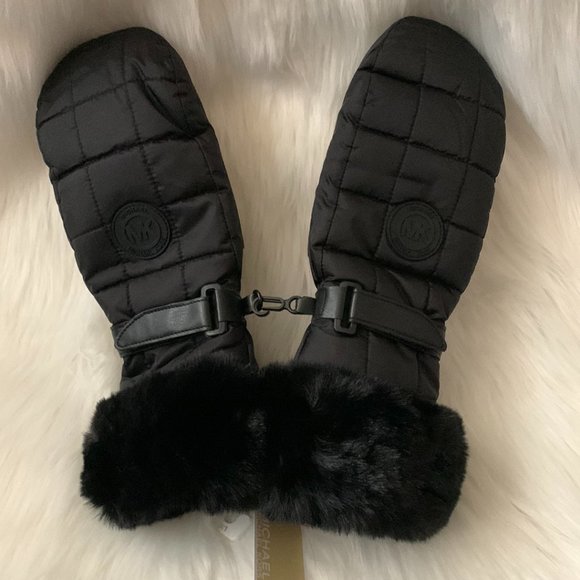 MICHAEL KORS Quilted Mittens with Faux Fur Trim in Black Sz L/XL - Picture 1 of 4